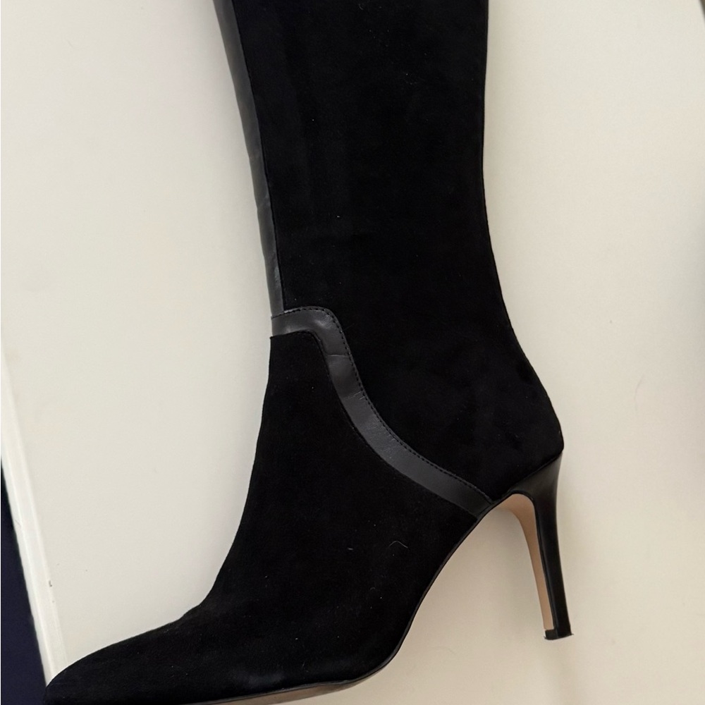 Adrienne Sleek Black Suede Knee High Boots with Leather Trim 3” heels - Picture 3 of 6